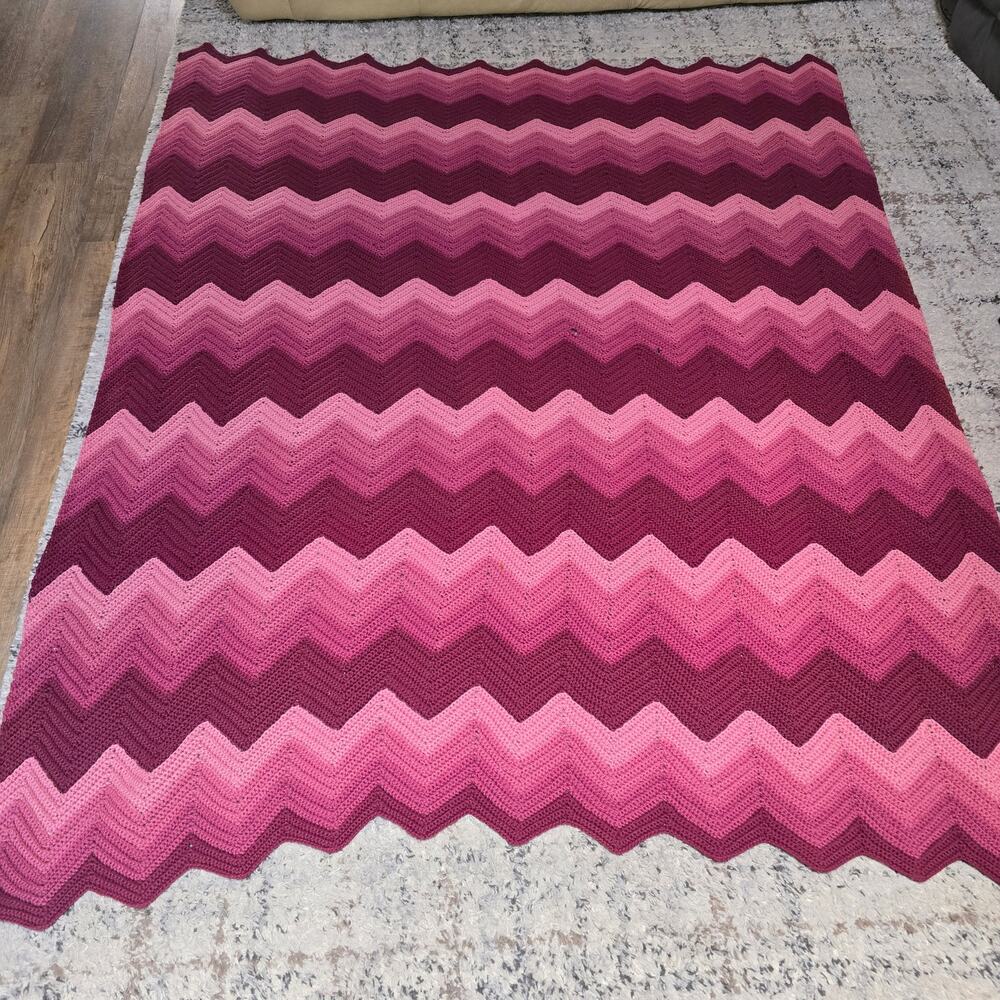 Vintage Crochet Afghan Blanket 88x64 Pink Burgundy Chevron Handmade Throw